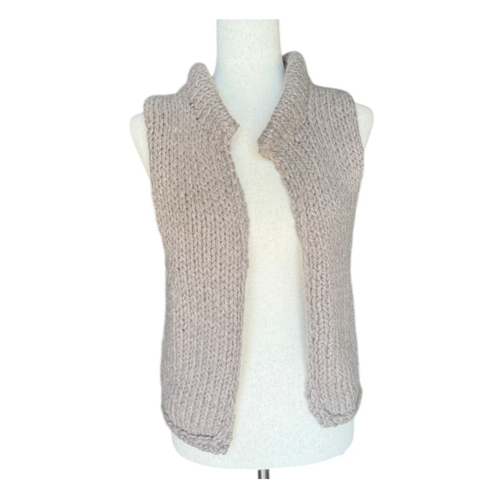 Handmade Womens Knit Vest Boho Open Front Cable Oatmeal Tan Medium M
